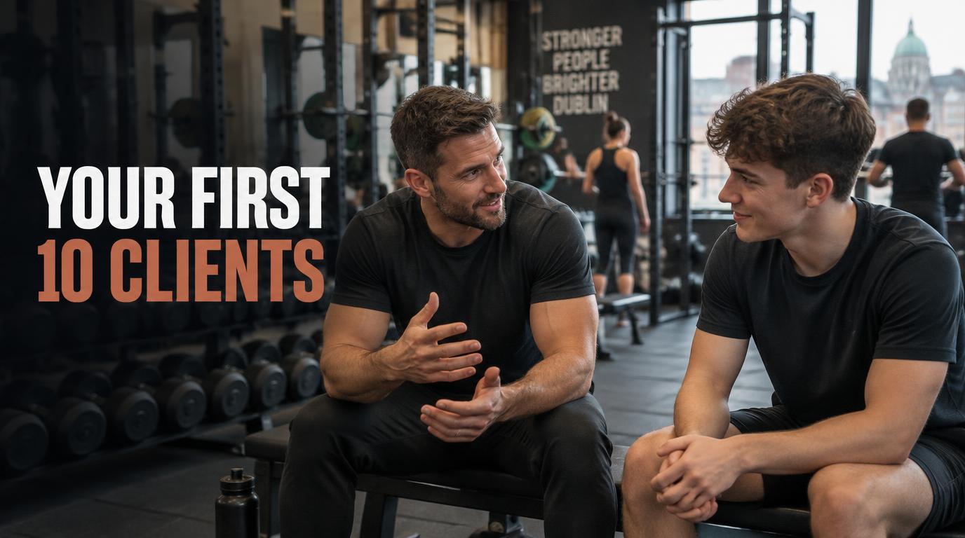 An experienced personal trainer talking with an aspiring coach on the gym floor, with the headline Your First 10 Clients